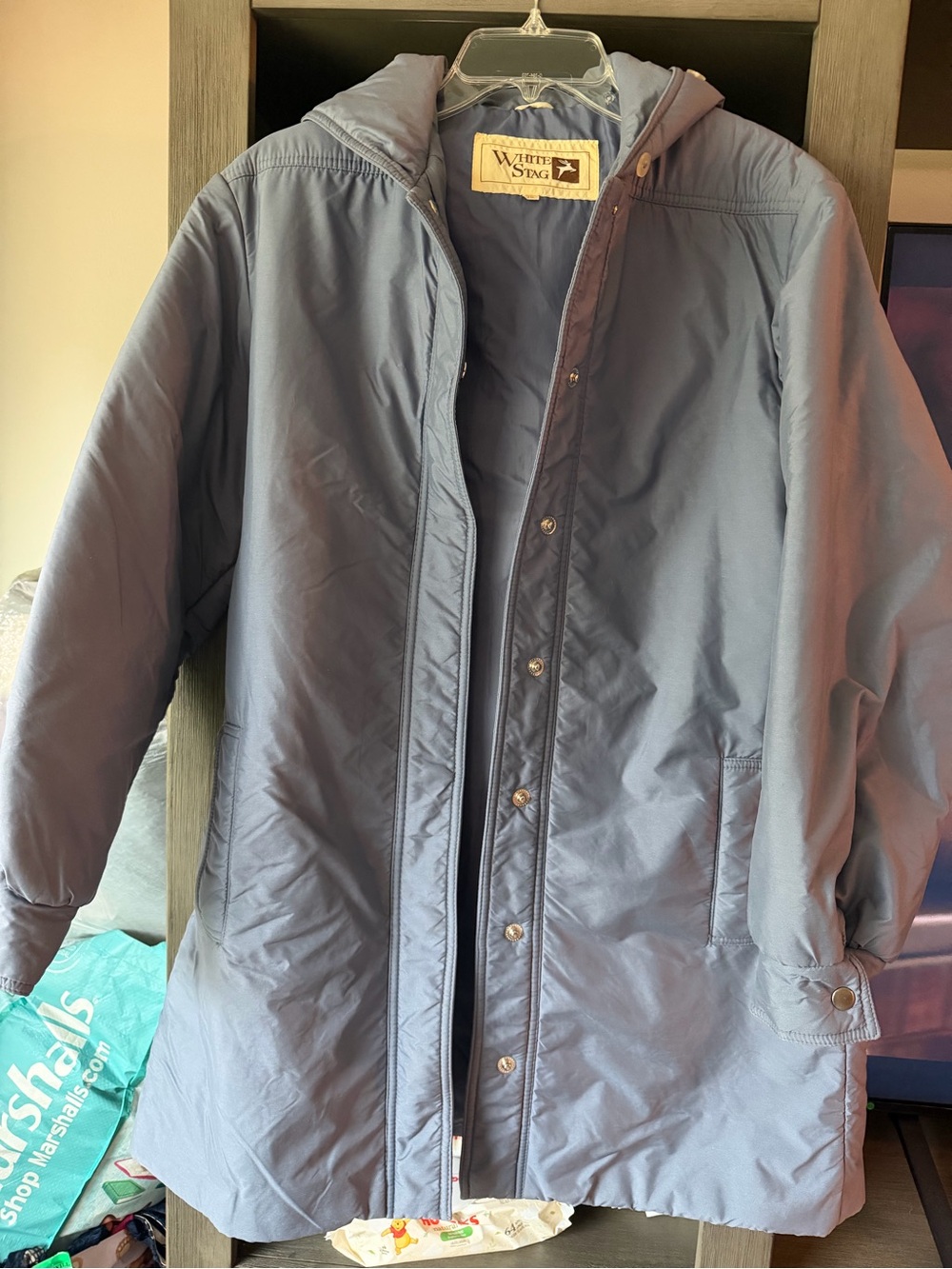 Vintage White Stag Hooded Puffer Coat in Slate Blue